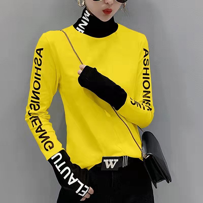 Winter Clothing Offer - プリント入りレディース用暖かい黄色のトップス、2025年タートルネック女性用Tシャツ、高品質カジュアルフィットKpop風Tシャツを提供