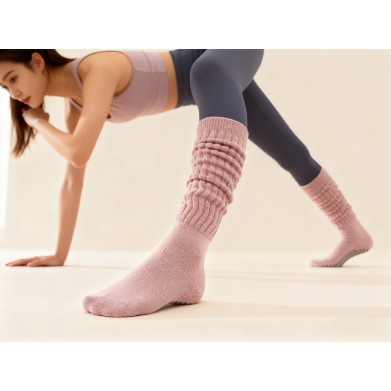 Winter Clothing Youtube - 女性用コットン滑り止めピラティスソックス、ヨガフィットネス用ロング丈重ね履きソックス、シリコン付き冬用室内ジムフロアヨガウェアソックス
