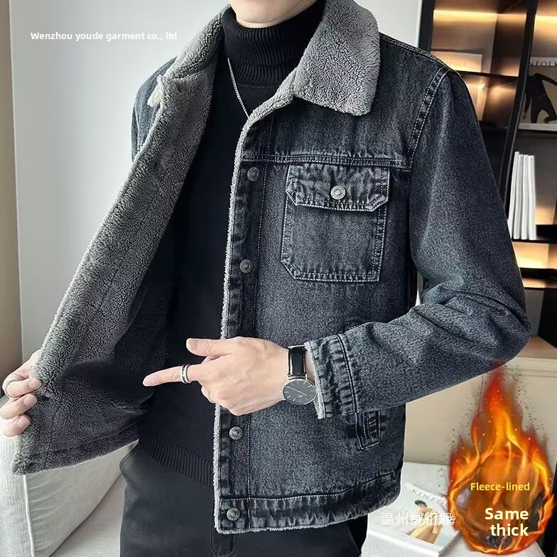 Winter Clothing Work - 冬用の断熱性と厚みを備えたメンズデニムジャケット、ラムファーの裏地、丈夫なワークカラー、カジュアルジャケット