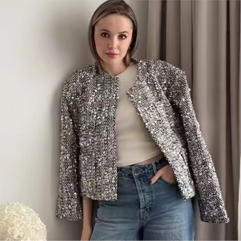 Winter Clothing Dress Up - 女性用オープンフロントジャケット,シルバースパンコール,光沢のあるブレザー,長袖,スリムカーディガン,パーティー,クラブ,ストリートウェア,婦人服