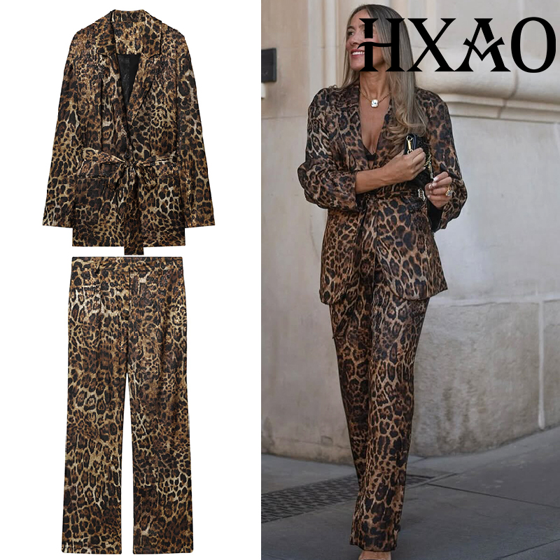 Winter Clothing Pk - HXAO レオパード柄パンツスーツ 2ピースセット ヴィンテージ風ロングブレザー ジャケット ツーピースセット