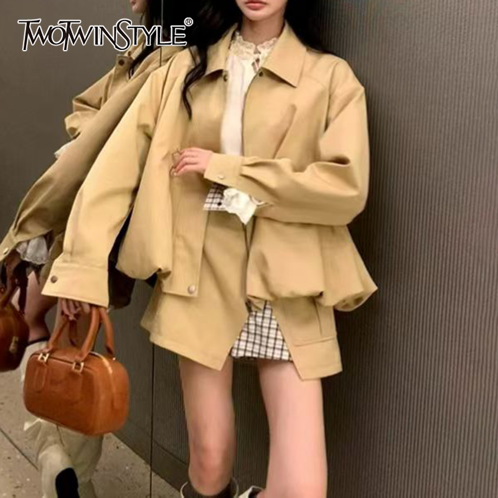 Winter Clothing Pk - TWOTWINSTYLE カーキスプライスポケット ツーピースセット レディース ラペルロングスリーブジャケット ストリートウェア