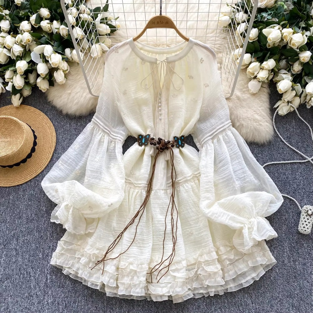 Winter Clothing Dress Up - レース付きラウンドネック刺繍ボールガウン,ヴィンテージランタンドレス,長袖,フリル,スリム,ソフト,フランスの休暇,ストリートウェア