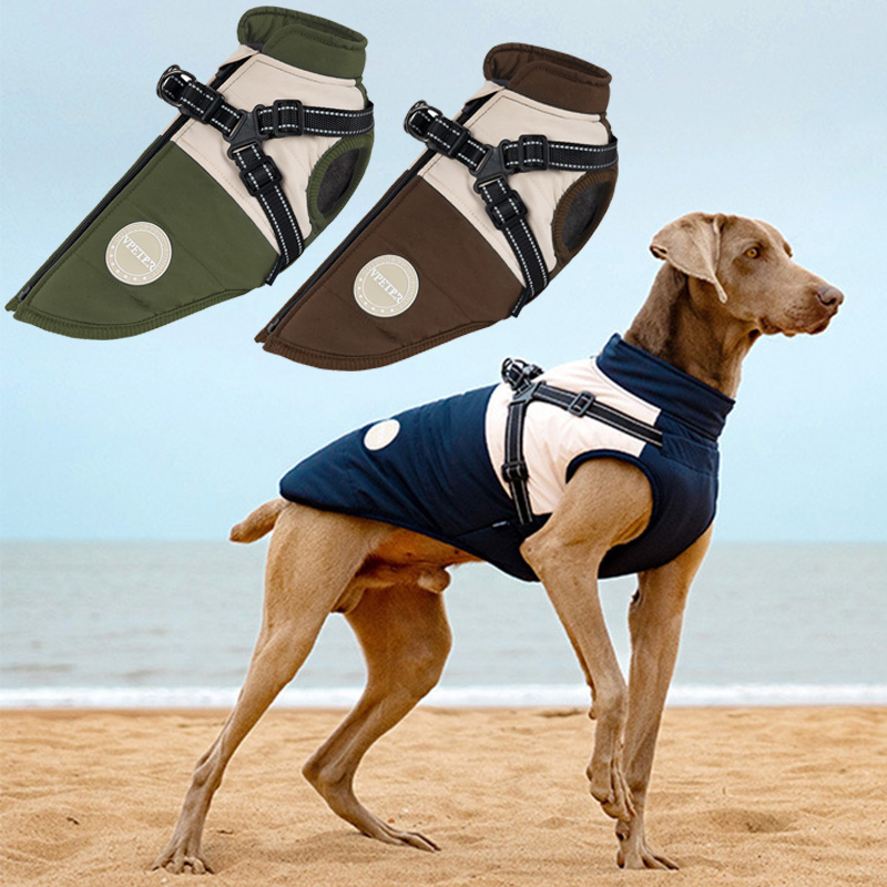 Winter Clothing For Dogs - 内蔵ハーネス付き暖かい犬用ベスト 防水反射犬用コート 調節可能な胸バックル フリース裏地付き冬用ペット服