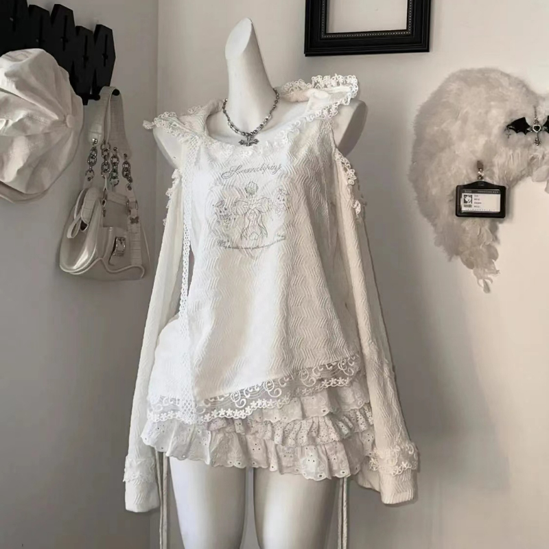 Winter Clothing Gear - 女性のためのロリータスタイルのスカートセット,裸の肩,フード付きトップ,かわいいミニケーキスカート,韓国のスーツ,ゴシック,セクシー,y2k,2個