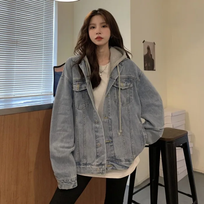 Winter Clothing Pk - 女性用ヴィンテージデニムフード付きジャケット,ルーズフィットのアウター,シングルブレストのポケット,カジュアルなオーバーコート,ストリートウェア,秋,2024
