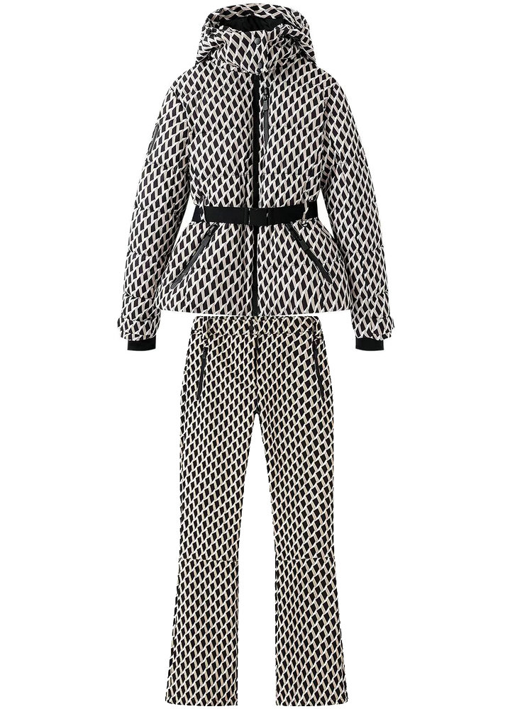 Winter Clothing Pk - 2026 女性の冬のフード付きパッド入りスポーツパーカーパンツ 2 個セットベルト女性のエレガントな暖かい防風スキーコートジャケットズボン