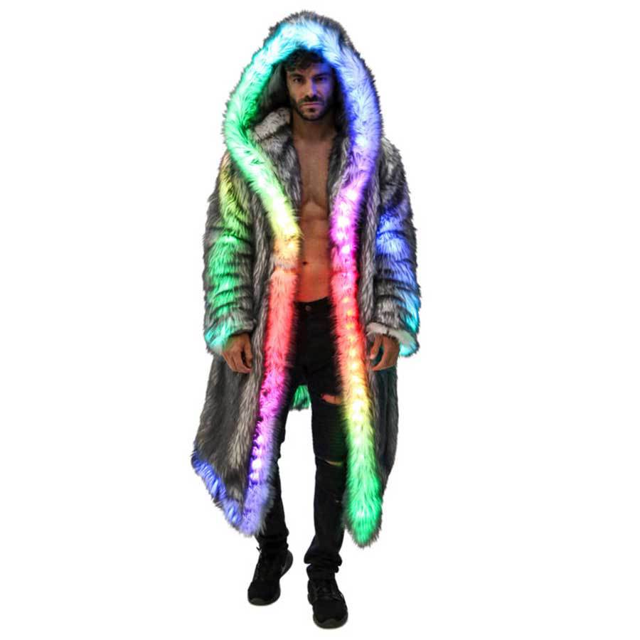 Winter Clothing Pk - フェイクファーコート男性フード付きアウター快適な厚い冬暖かいロングジャケット LED ステージダンスパーティーコスプレ衣装オーバーコート