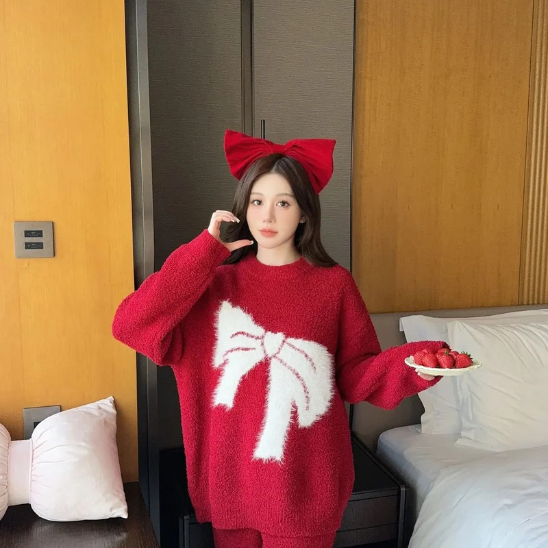 Winter Clothing Youtube - 漫画ちょう結びクリスマスパジャマ長袖トップパンツ秋フリースホームウェア冬パジャマ服セット女性のための