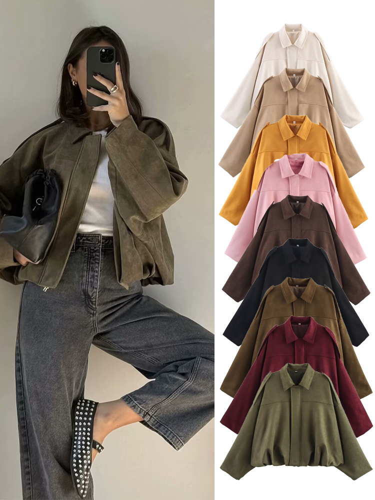 Winter Clothing Pk - TFMLN 女性スエードボンバージャケット春の新ファッション長袖ジッパーオーバーサイズ固体ボンバーコートシックな女性 2025 ストリート