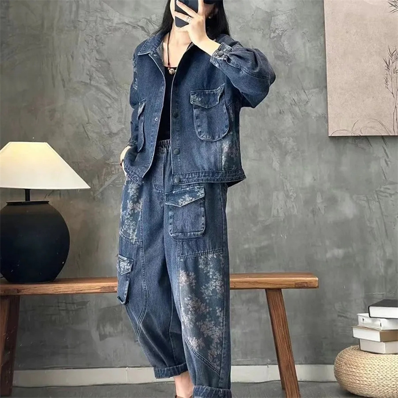Winter Clothing Pk - 2025 秋のデニムジャケットスーツチェック柄ストライプシャツ襟ファッションセット女性の 2022 春の新コートカジュアルジーンズ 2 点セット