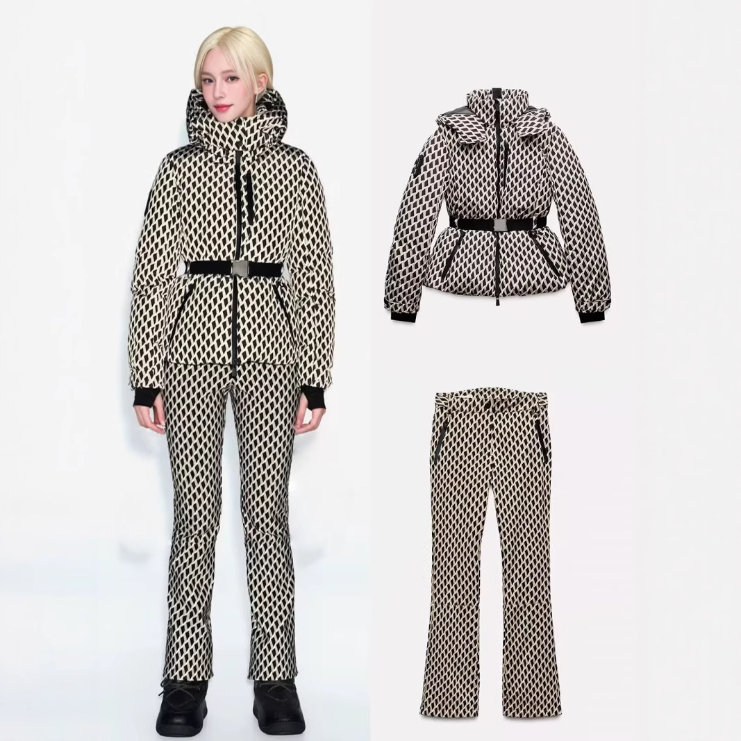Winter Clothing Pk - 冬用ツーピーススキーセット、フード付きハイウエストパッド入りスポーツパーカージャケット、ベルト付き、女性用厚手保温ポケット付き防風スキーパンツ