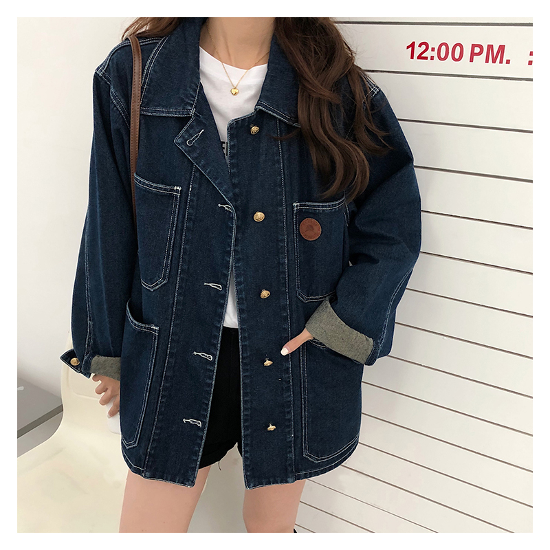 Winter Clothing Pk - ダークブルーデニムジャケット女性春秋ラペルルーズシングルブレストコート韓国スタイルカジュアルアウタートップス
