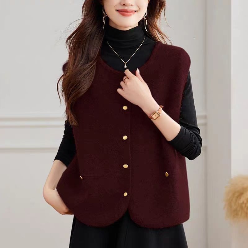 Winter Clothing Offer - レディースニットベスト無地ファッション衣料2025冬ベスト新作ニットウェア韓国風セール中ラウンドOネック女性用セーター