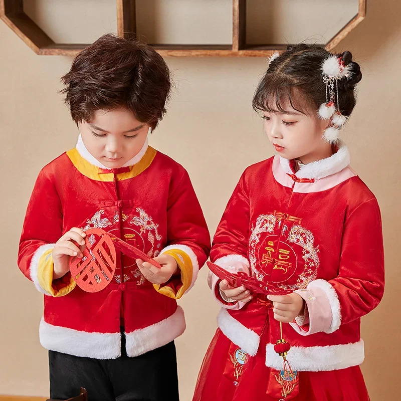 Winter Clothing Youtube - 伝統的な服子供男の子女の子唐装韓服中国の新年衣装ベルベットコート冬 2 個ピンク赤
