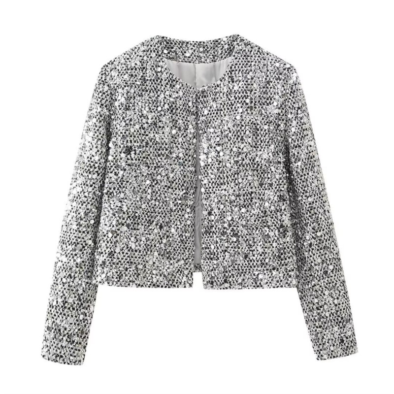女性用オープンフロントジャケット,シルバースパンコール,光沢 - Winter Clothing Dress Up のレビューと価格