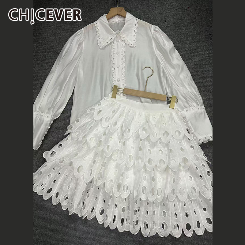 Chicever-女性用透かし彫りスカートスーツ,長袖ラペル - Winter Clothing Gear のレビューと価格
