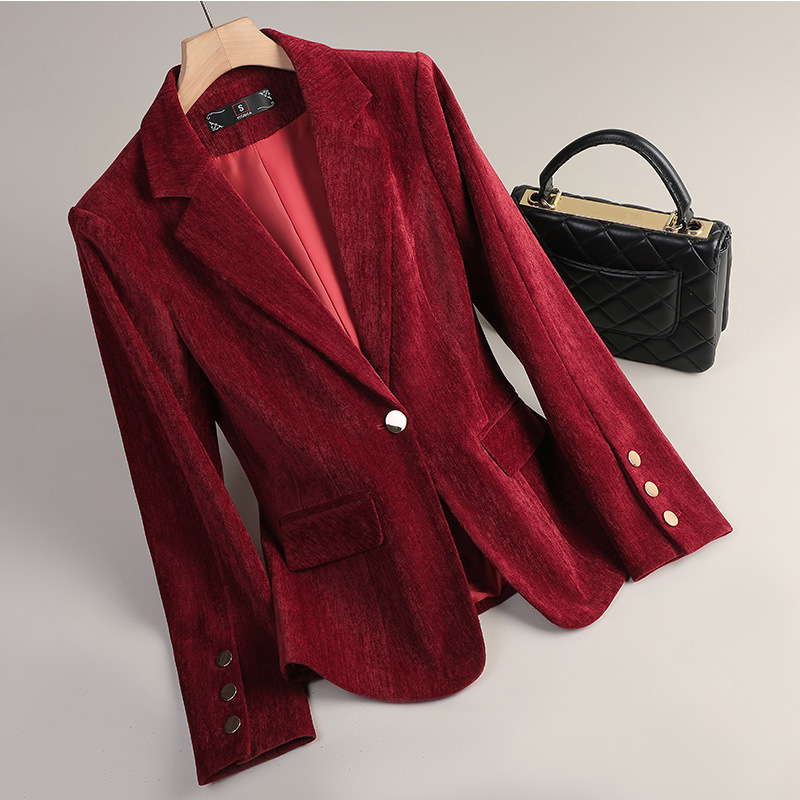 イエローゴールドベルベットブレザー女性秋冬カジュアルスーツフ - Winter Clothing Work のレビューと価格