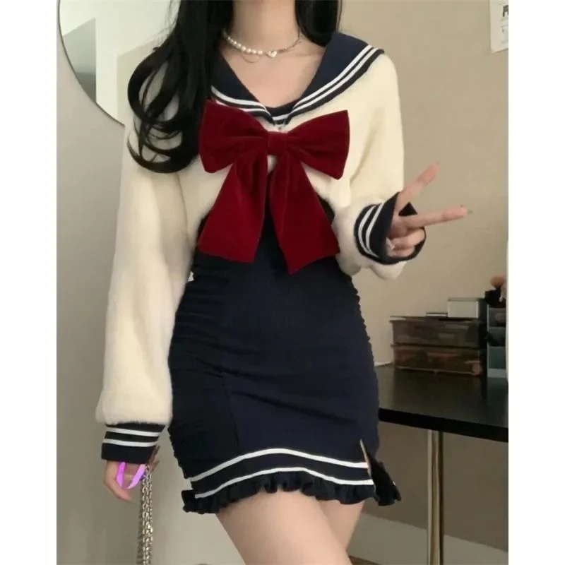 ♥   2026 新しい秋冬かわいいネイビーカラーリボンセー - Winter Clothing Youtube のレビューと価格