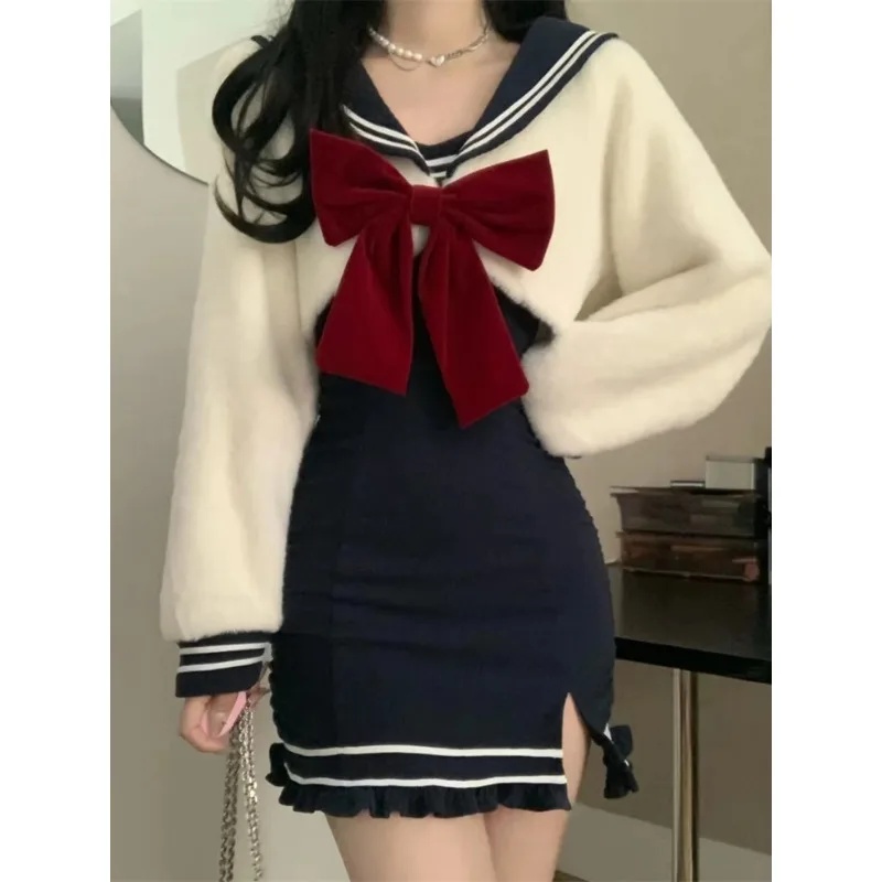 ♥   2026 新しい秋冬かわいいネイビーカラーリボンセー - Winter Clothing Youtube のレビューと価格