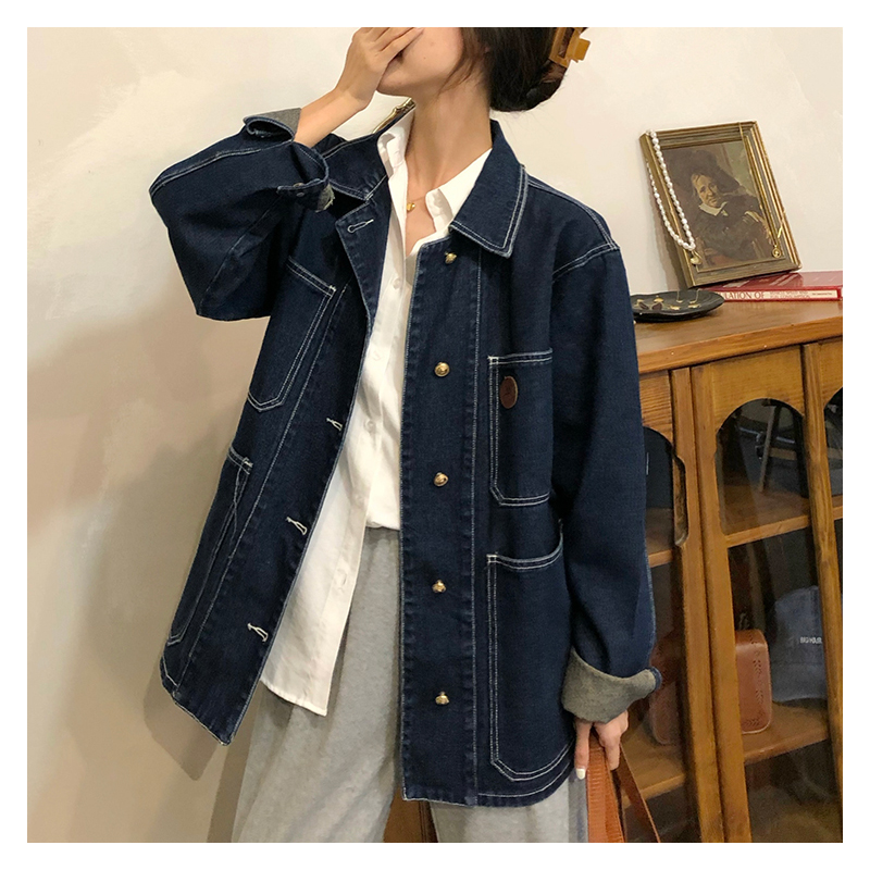 ダークブルーデニムジャケット女性春秋ラペルルーズシングルブレ - Winter Clothing Pk のレビューと価格