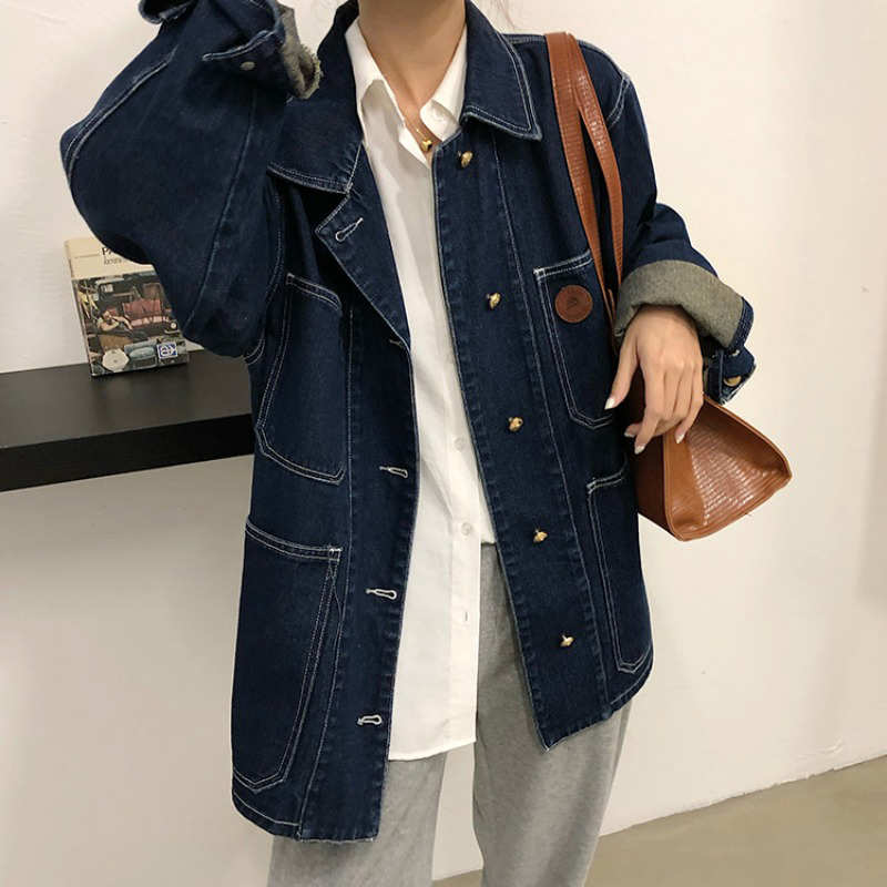 ダークブルーデニムジャケット女性春秋ラペルルーズシングルブレ - Winter Clothing Pk のレビューと価格